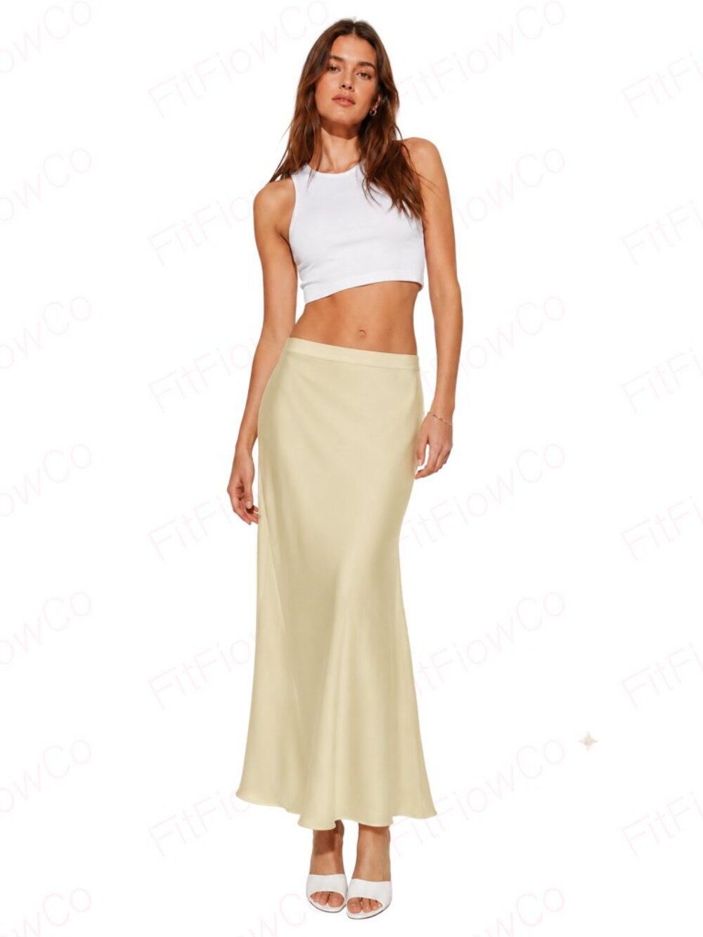 Calvin Klein Pale Yellow A-Line Midi Skirt Size 10 Logo Waist Side Zip
